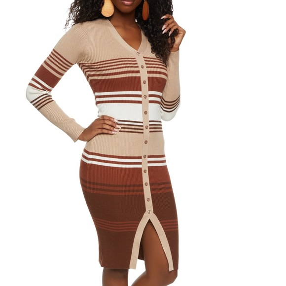 Almost Famous Dresses & Skirts - Striped Faux Button Front Midi Sweater Dress